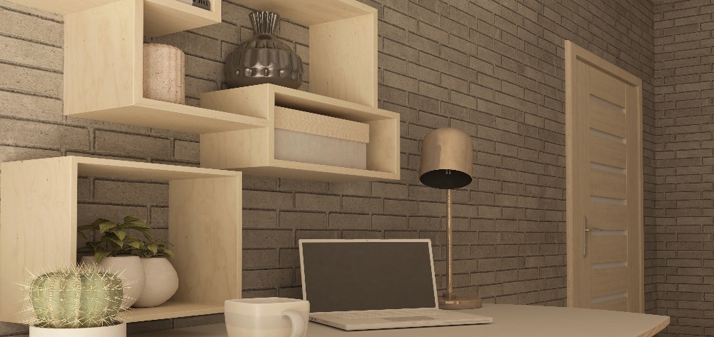escritorio con estantes de madera pegados a la pared de forma vertical