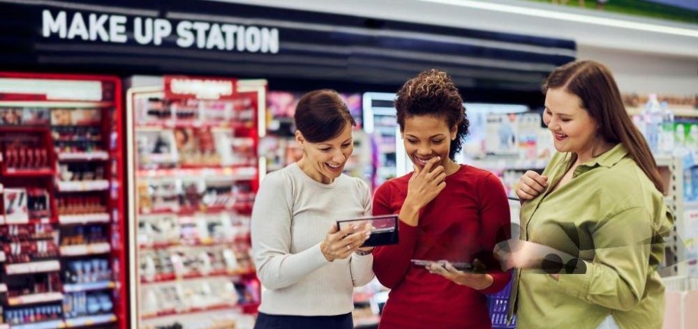 mujeres viendo maquillaje sonrientes en supermercado